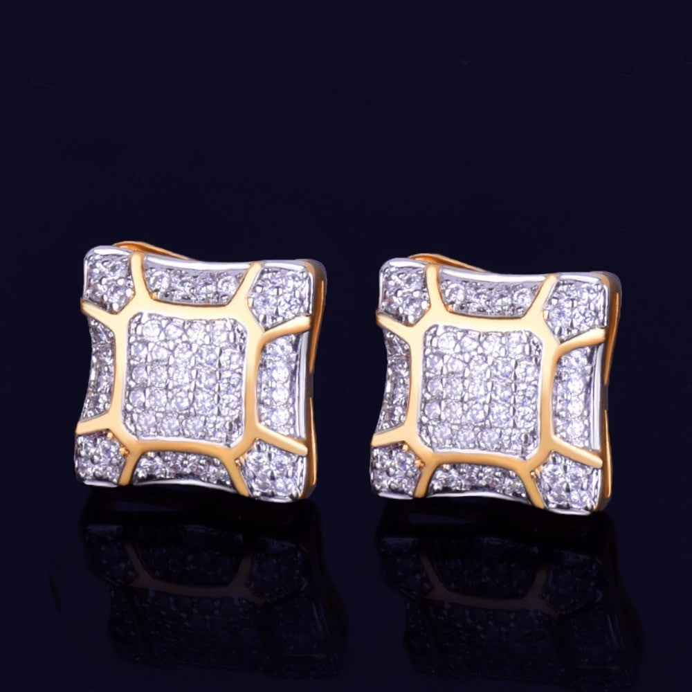 Cracked Ice | 11MM 14k Gold Silver Square Men's Iced Blinged Out Screw Back Earrings