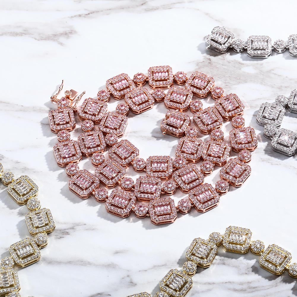 12mm Square Cut Center Stone Baguette High quality AAA Stone Hip Hop Chain Necklace