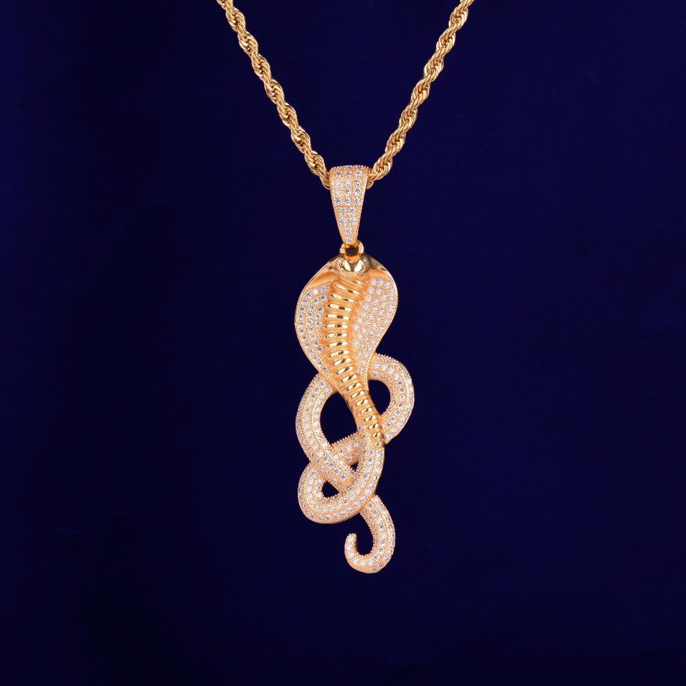 King Cobra Real 18k Gold True Micro Pave Hip Hop Flooded Ice Pendant Chain Necklace