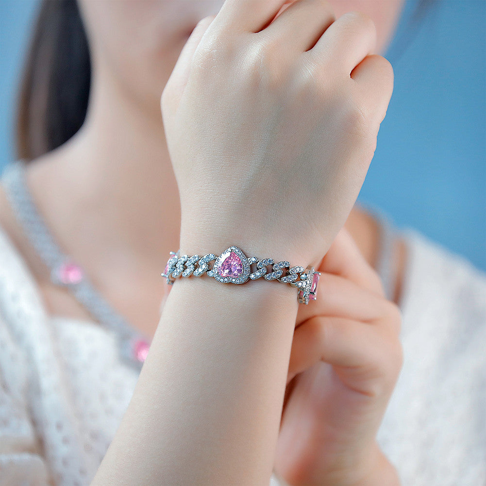 Pink Desire | New 8MM VVS Diamond CZ Cuban Link Pink Heart Bling Gemstone Bracelet