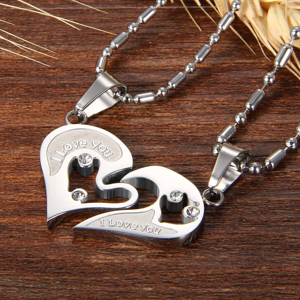 2 Piece Matching Couples Lovers No Tarnish Stainless Steel I Love You Heart Chain Necklace