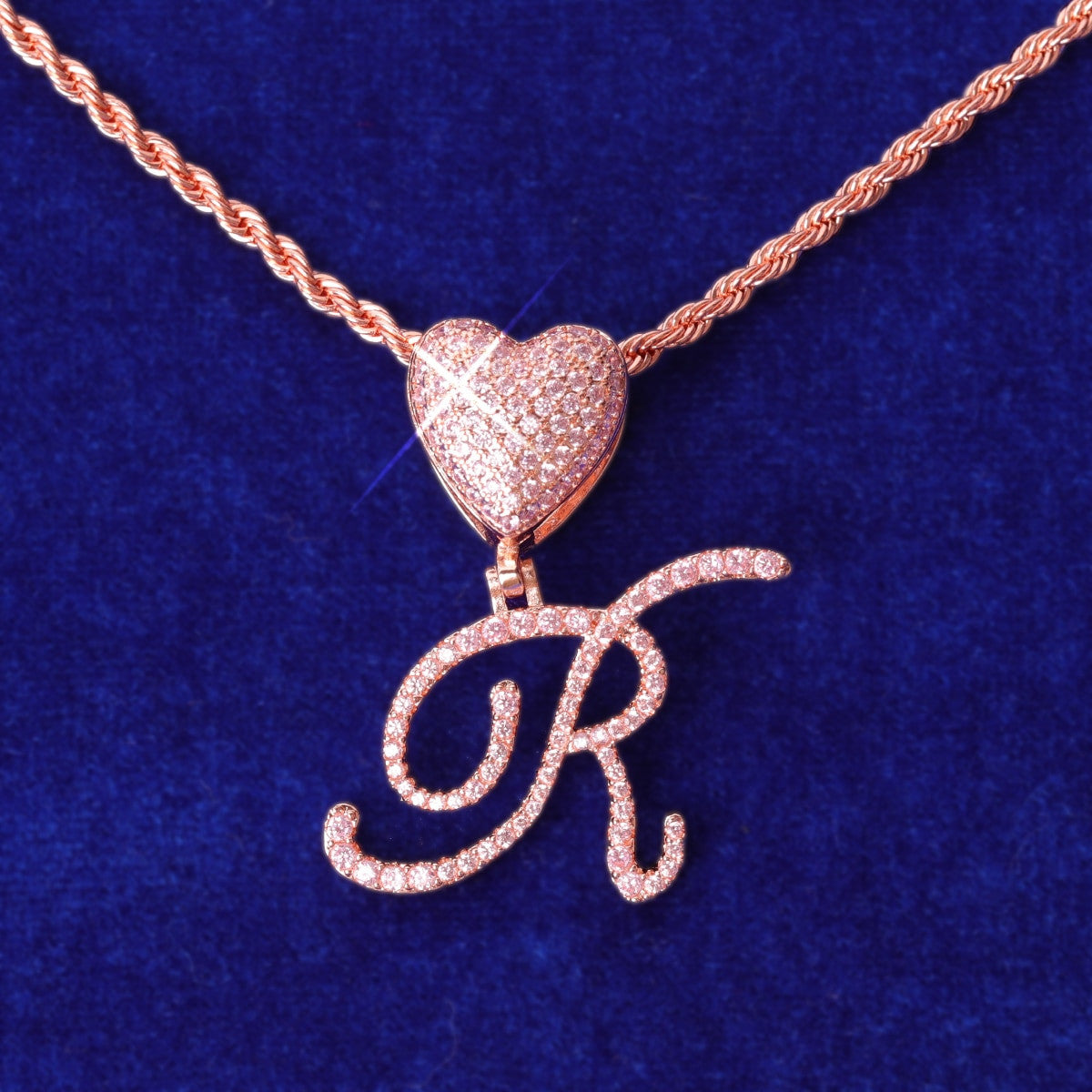 Ladies Bling Fashion Heart Custom Cursive Letter Initial Bling Necklaces