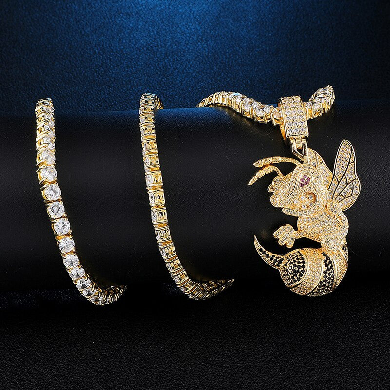 18k Gold .925 Silver Killer Bee AAA Micro Pave Hip Hop Pendant Chain Necklace