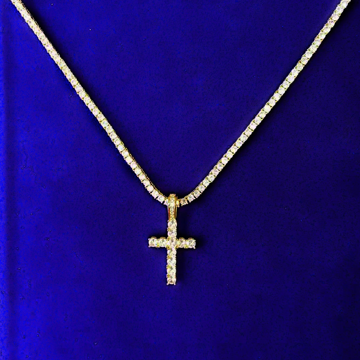 3mm Tennis Chain Flooded Ice 5A Stone Cross Pendant Chain Necklace