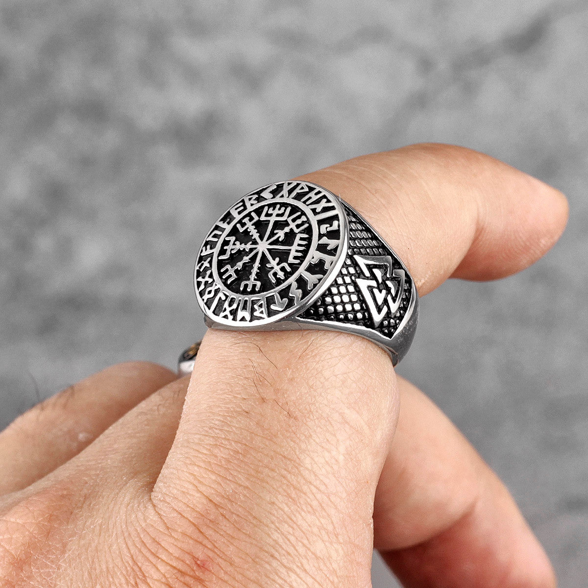 Mens 316L Stainless Steel Viking Mythology Odin Triangle Trident Street Wear Rings