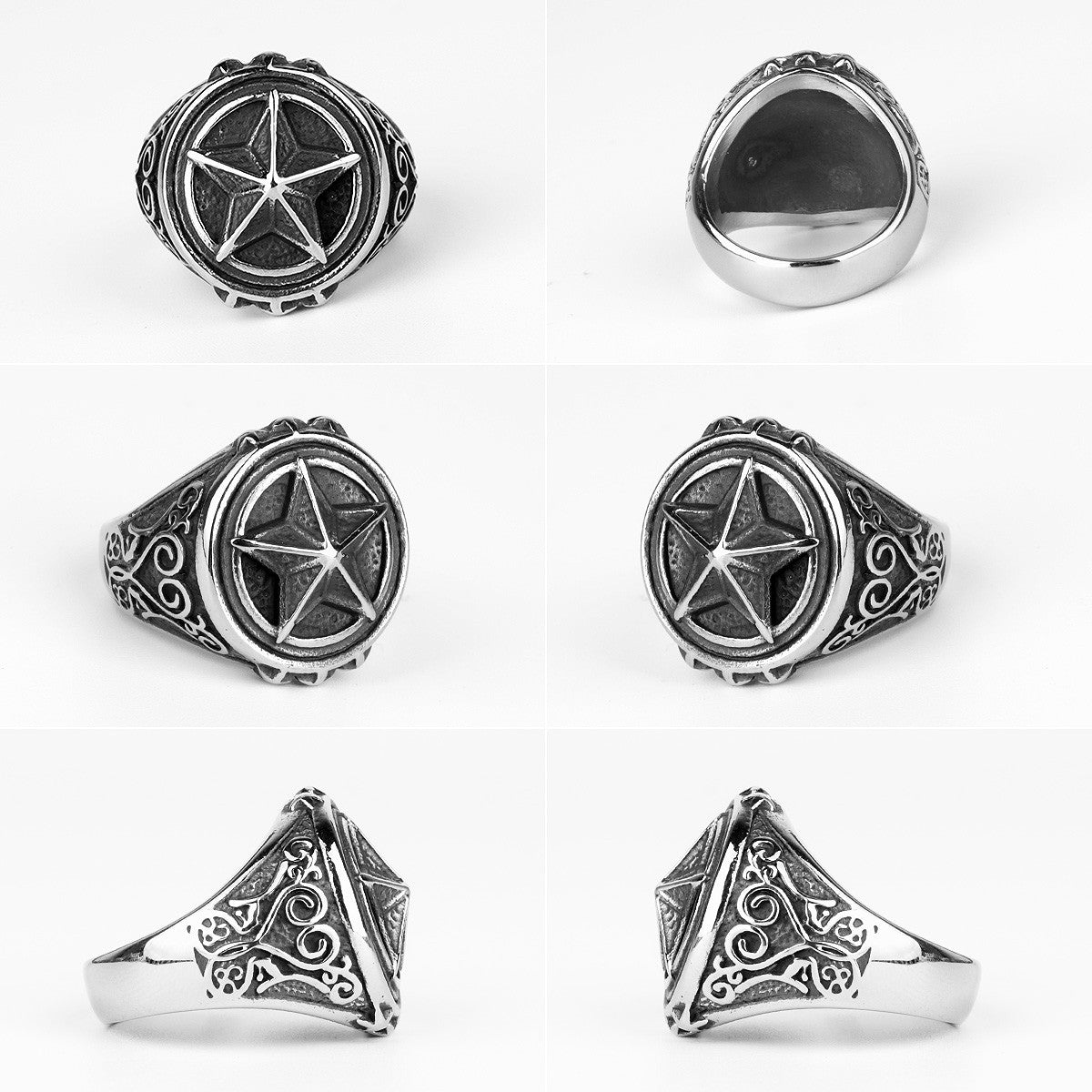 Mens 316L No Fade 3D Raised Pentagram Stainless Steel Street Wear Rings