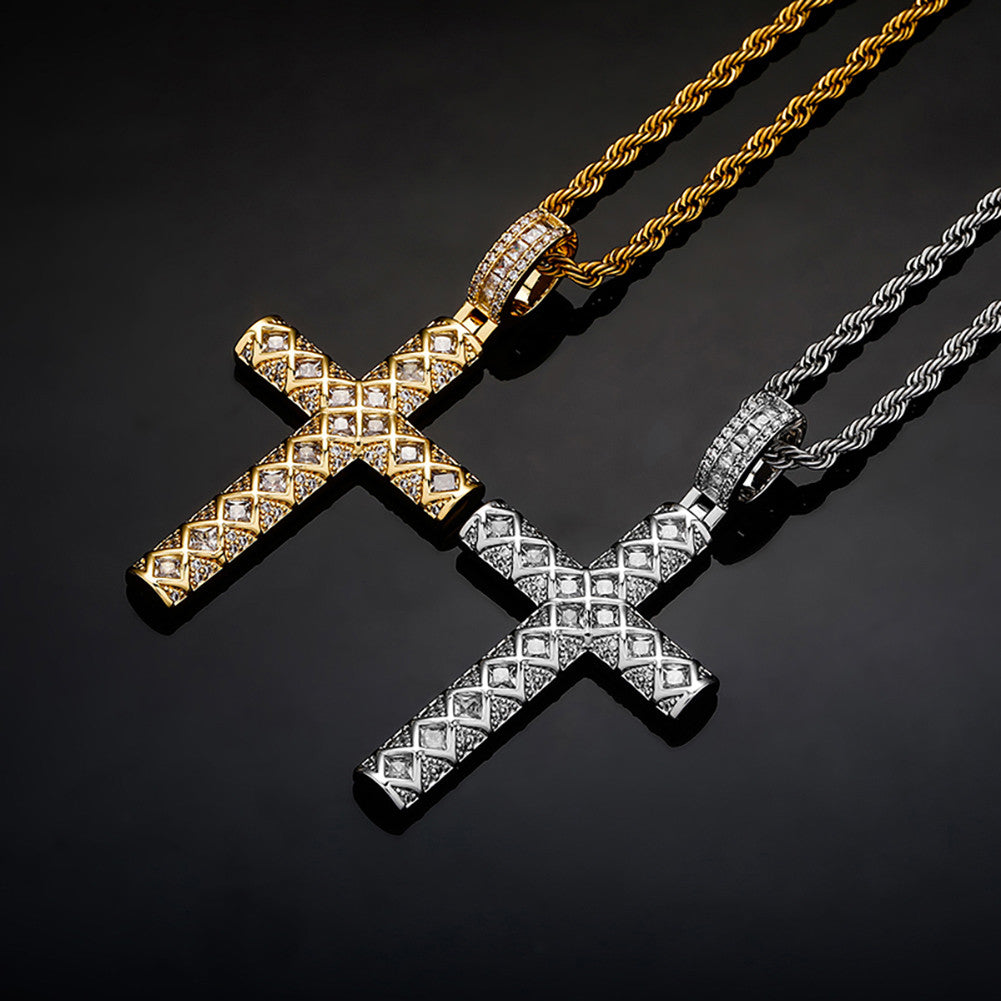 Mens Hip Hop Jagged Baguette 14k Gold 925 Silver Bling Cross pendant Chain Necklace