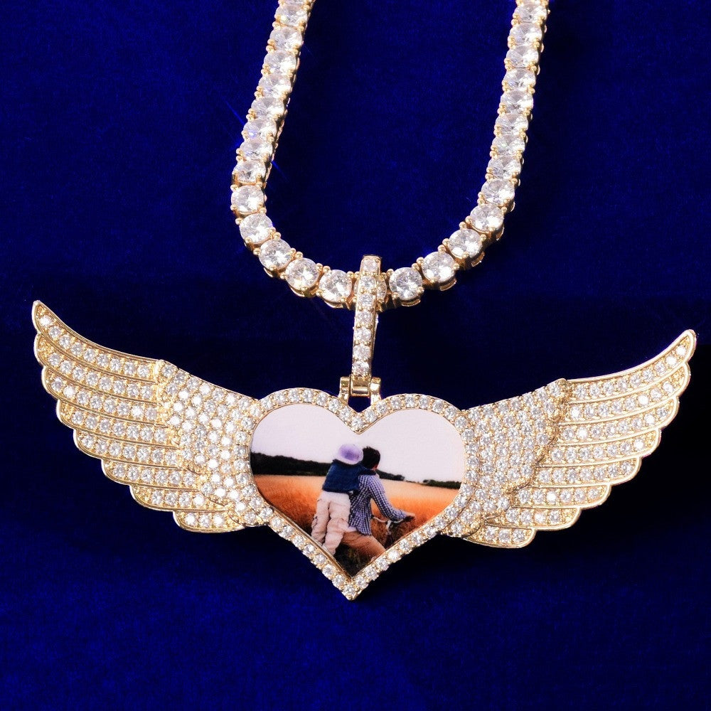 18k Gold 925 Silver Rose Gold Solid Back Wings Big Heart Custom Photo Pendant Chain Necklaces