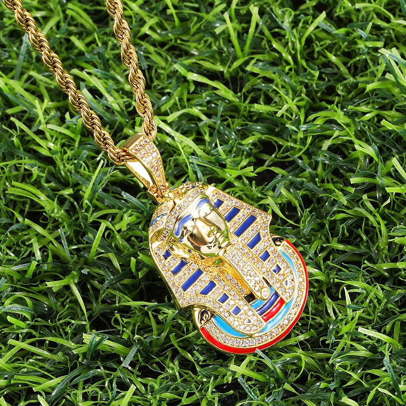 Ancient African Egyptian Pharaoh Flooded Ice Hip Hop Pendant Chain Necklace