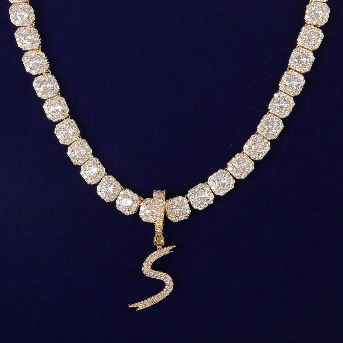 Solo Script | Single Scripted Letter Iced Blinged Out Box Link Chain Pendant