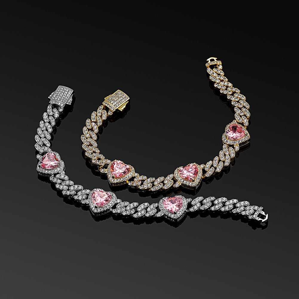 Pink Desire | New 8MM VVS Diamond CZ Cuban Link Pink Heart Bling Gemstone Bracelet