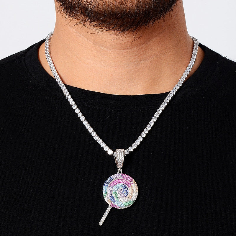 Candy Ice Lollipop Lick 18k Gold .925 Silver Hip Hop Pendant Chain Necklace