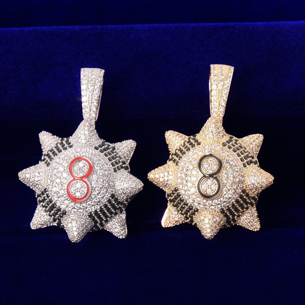 Flooded Ice AAA Tru Micro Pave Spike 8 Ball Inspired Spike 8-ball Pendant Chain Necklace