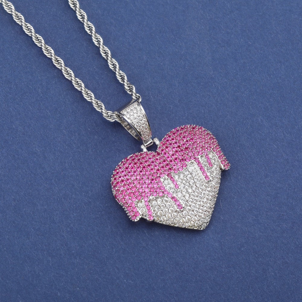 Love Overflow Flooded Ice Hip Hop Heart Bling Pendant Chain Necklace