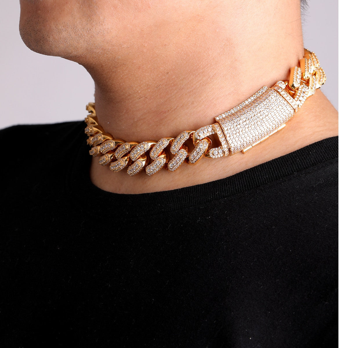 18mm Yellow White Gold Thick Cut Crushed Iced Buckle Miami Cuban Link Chain Necklace