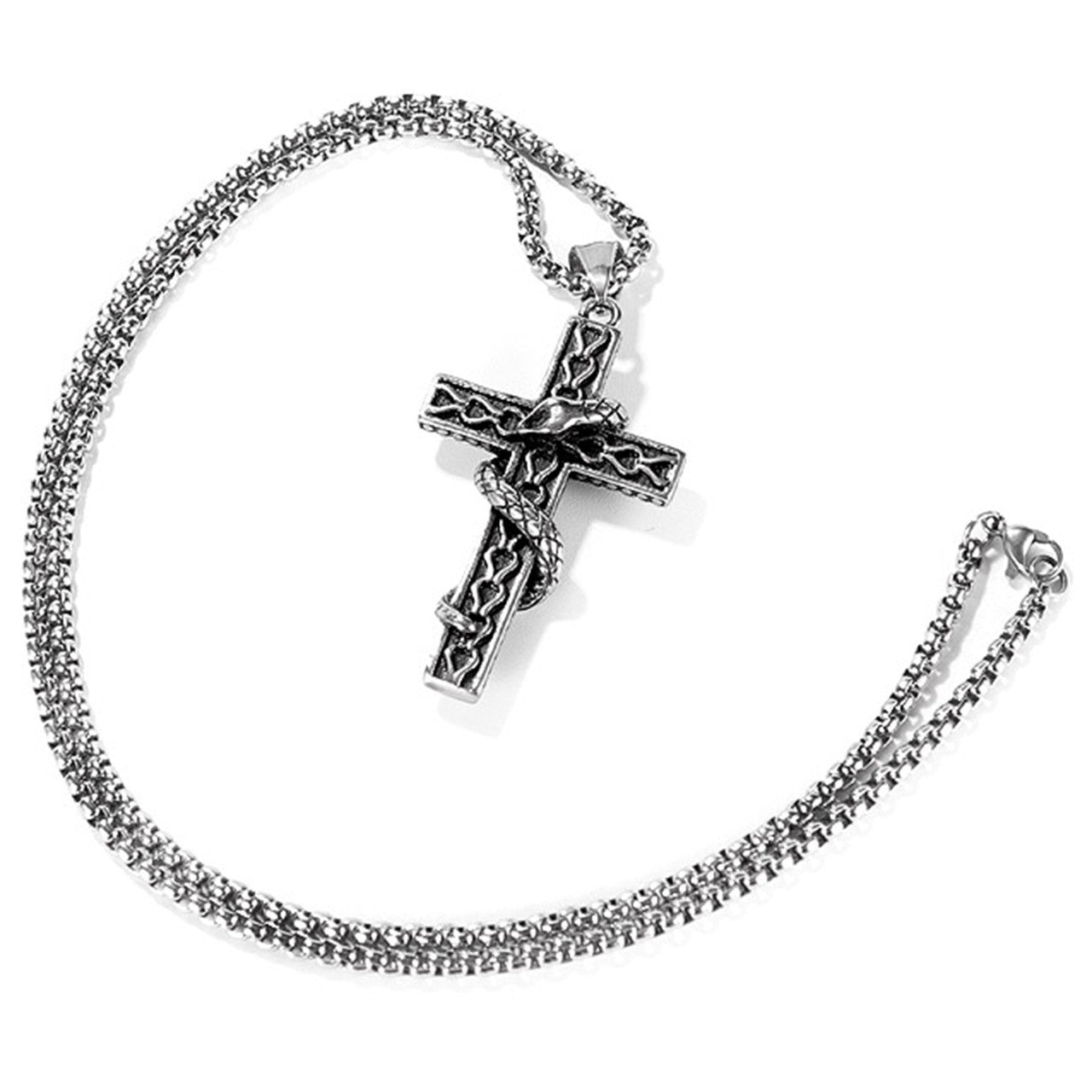 Stainless Steel Snake Serpent Men's Cross Pendant Chain Necklace