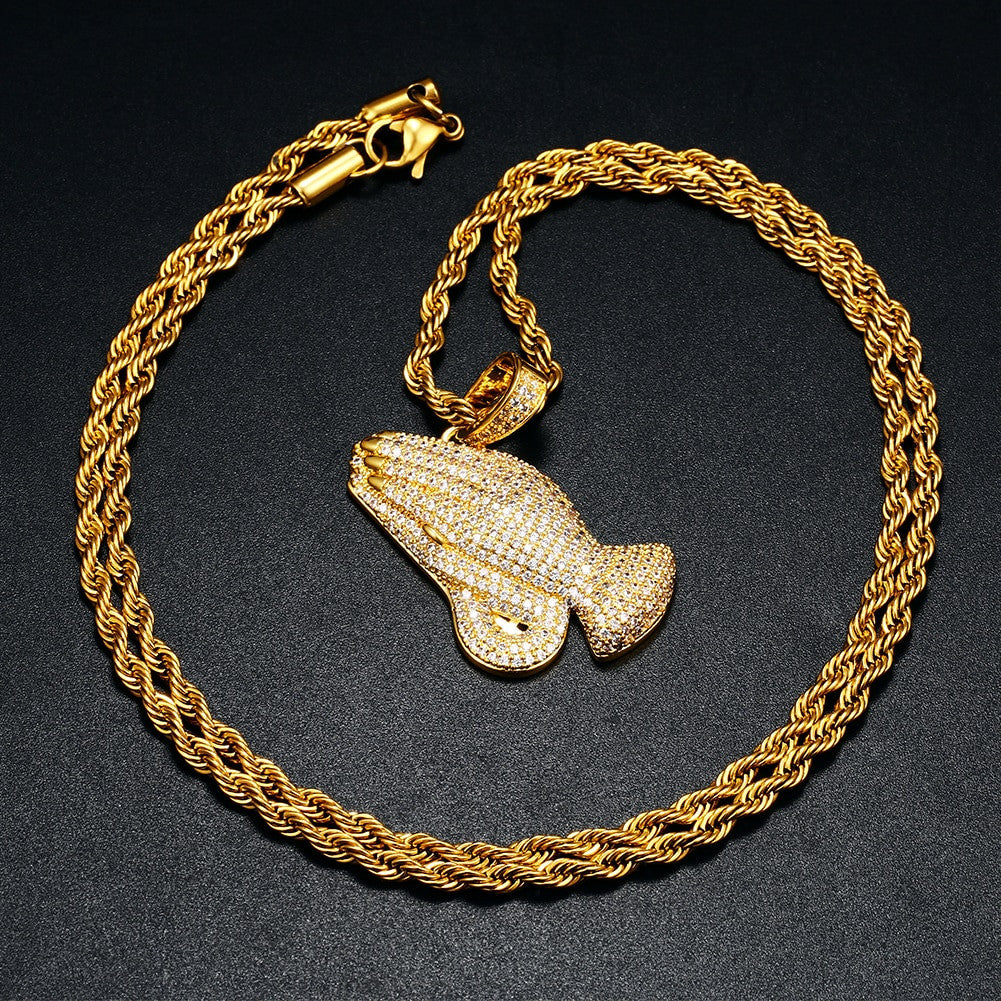 Mens Hip Hop 18k 925 Silver Rose Gold Jesus Hands Of Prayer Pendant Chain Necklace