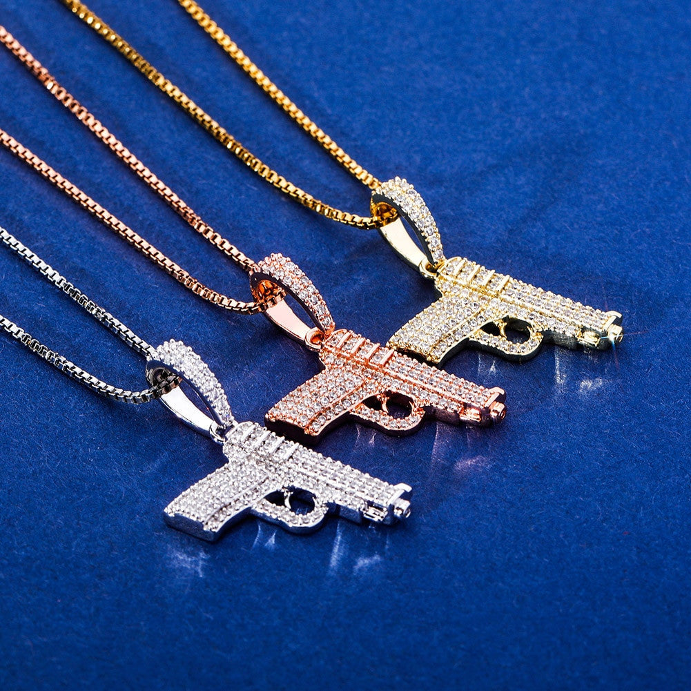 Ride or Die Hip Hop 925 Sterling Silver Rose Gold 14k Hip Hop Gun 380 Pistol Bling Pendant