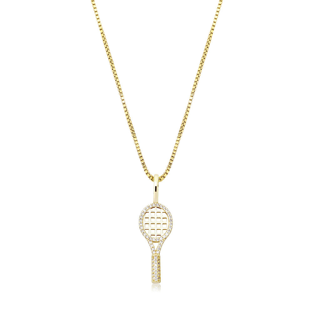 Rose Gold 14k Gold Over .925 Sterling Silver Bling Bling Tennis Racquet Pendant Chain Necklace