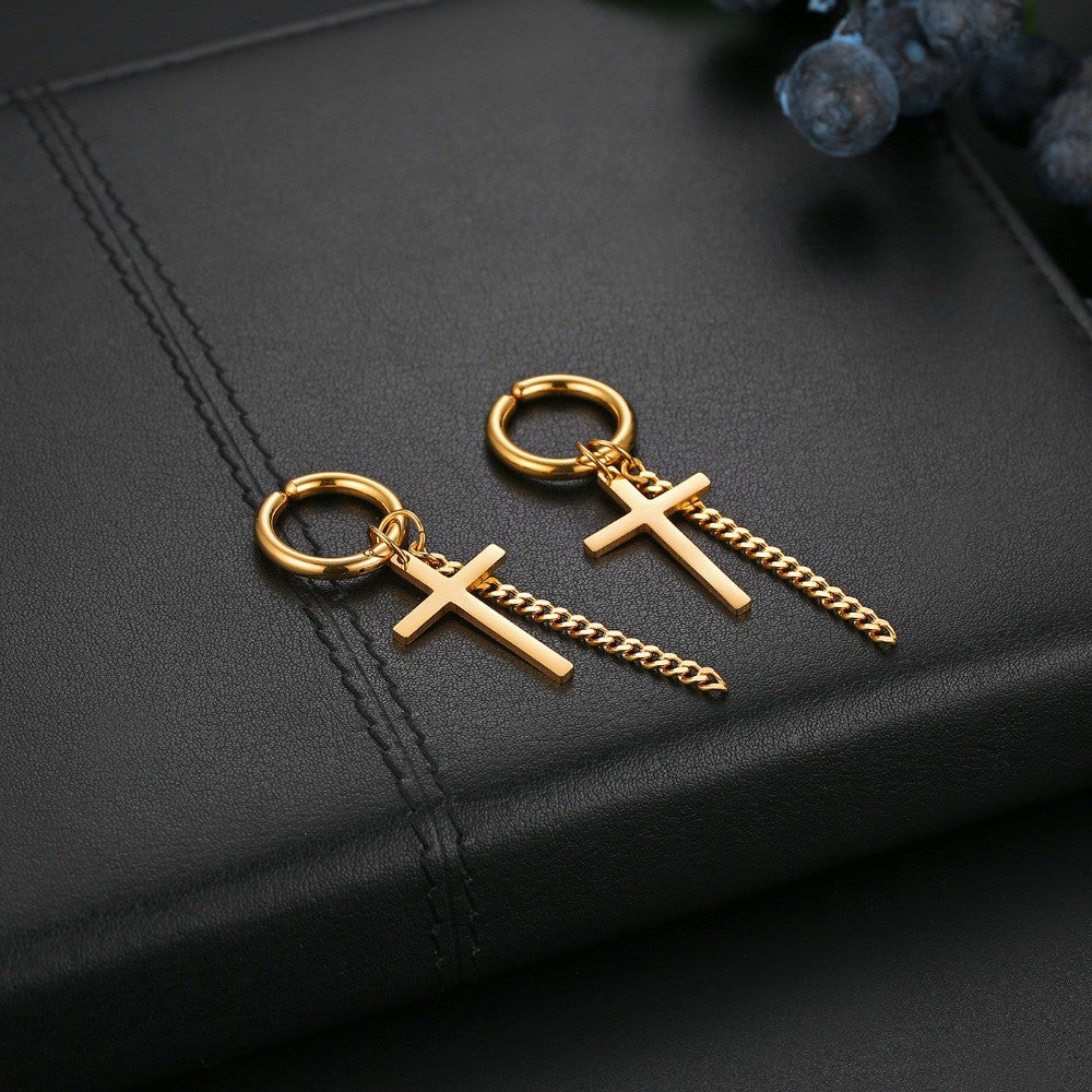 14k Gold Silver Black Cross Chain Hoop Stainless Steel Non Pierced Clamp Bling Earrings