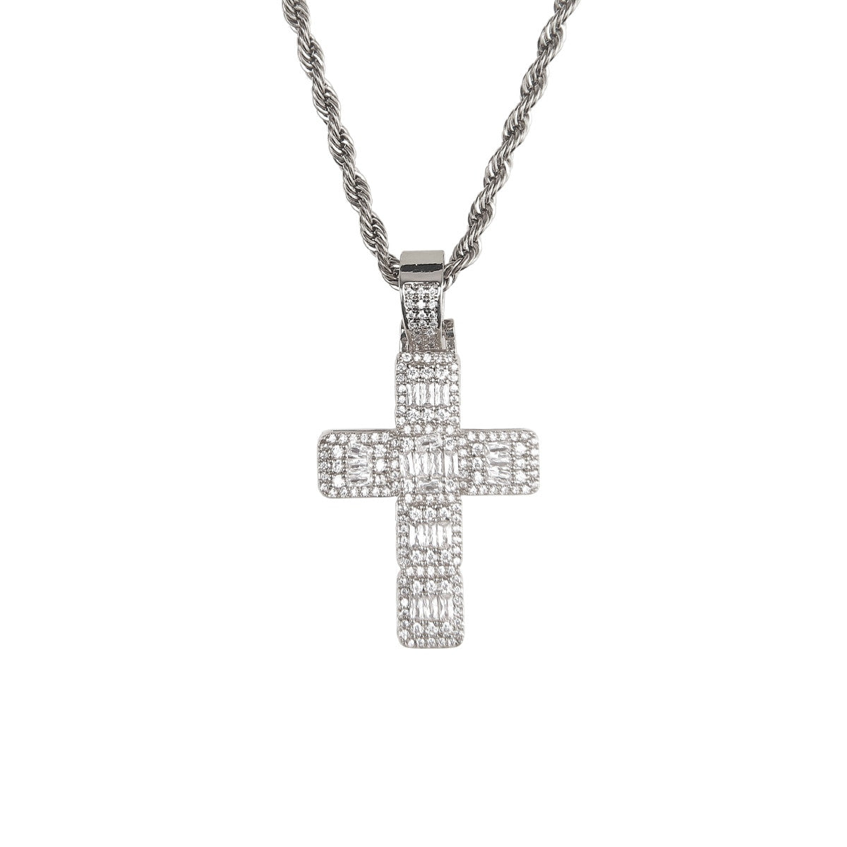 5A Thick Cut Flooded Ice Baguette Cross Bling Hip Hop Pendant Chain Necklace