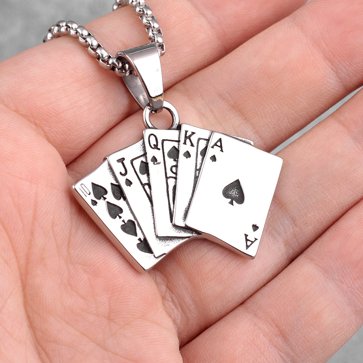 316L No Fade Stainless Steel Straight Flush Poker Hand Street Wear Pendant Chain
