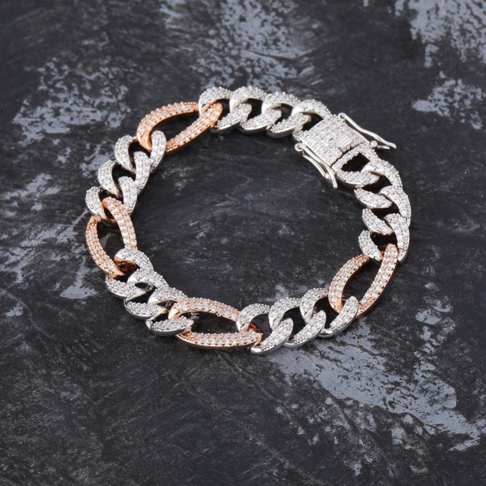 Mens 14k Gold Silver 10mm Box Lock Figaro Link Micro Pave Bling Bling Chain Bracelet