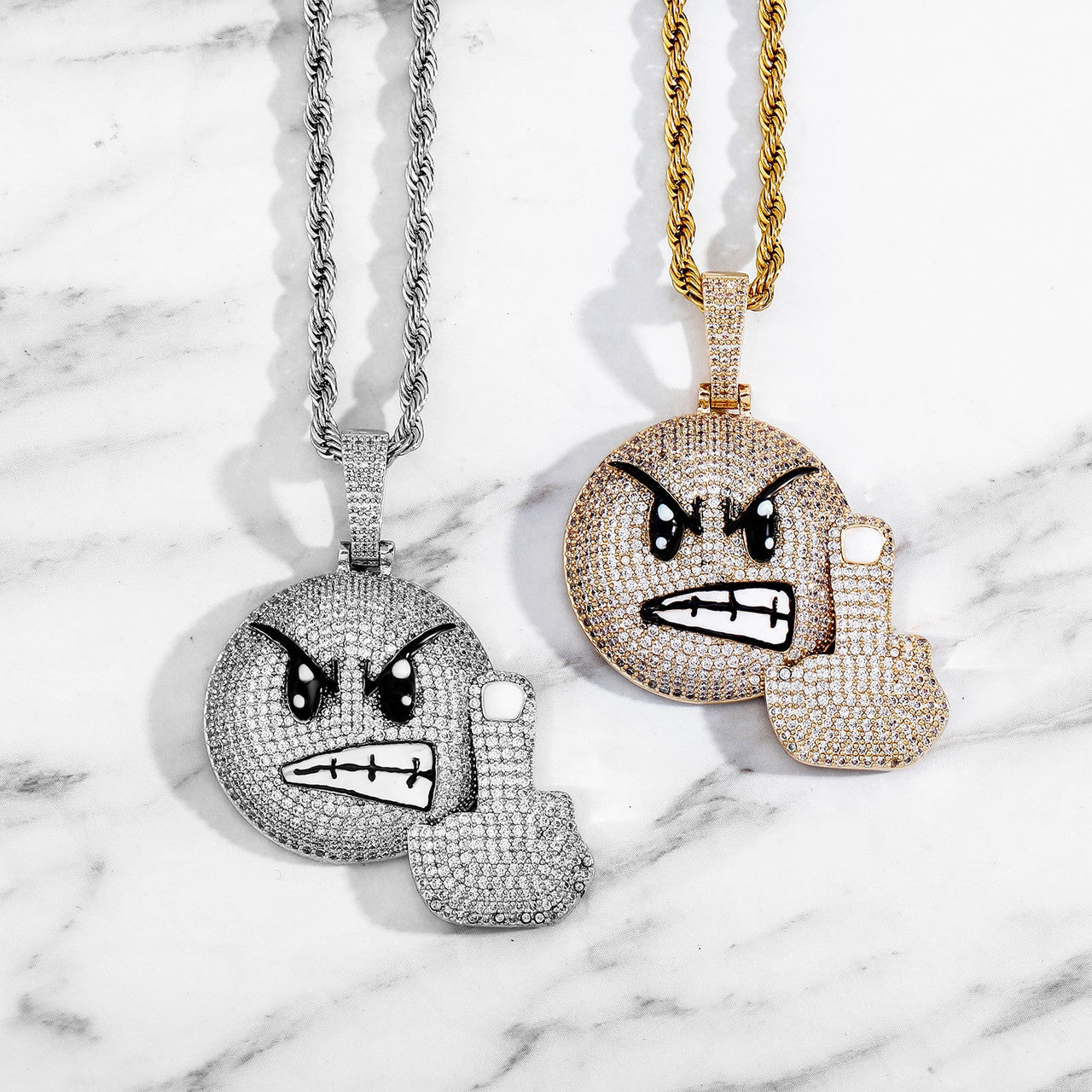 Mens New Bling Angry Face Middle Finger Emoji AAA Simulate Diamond Flooded Ice Pendant