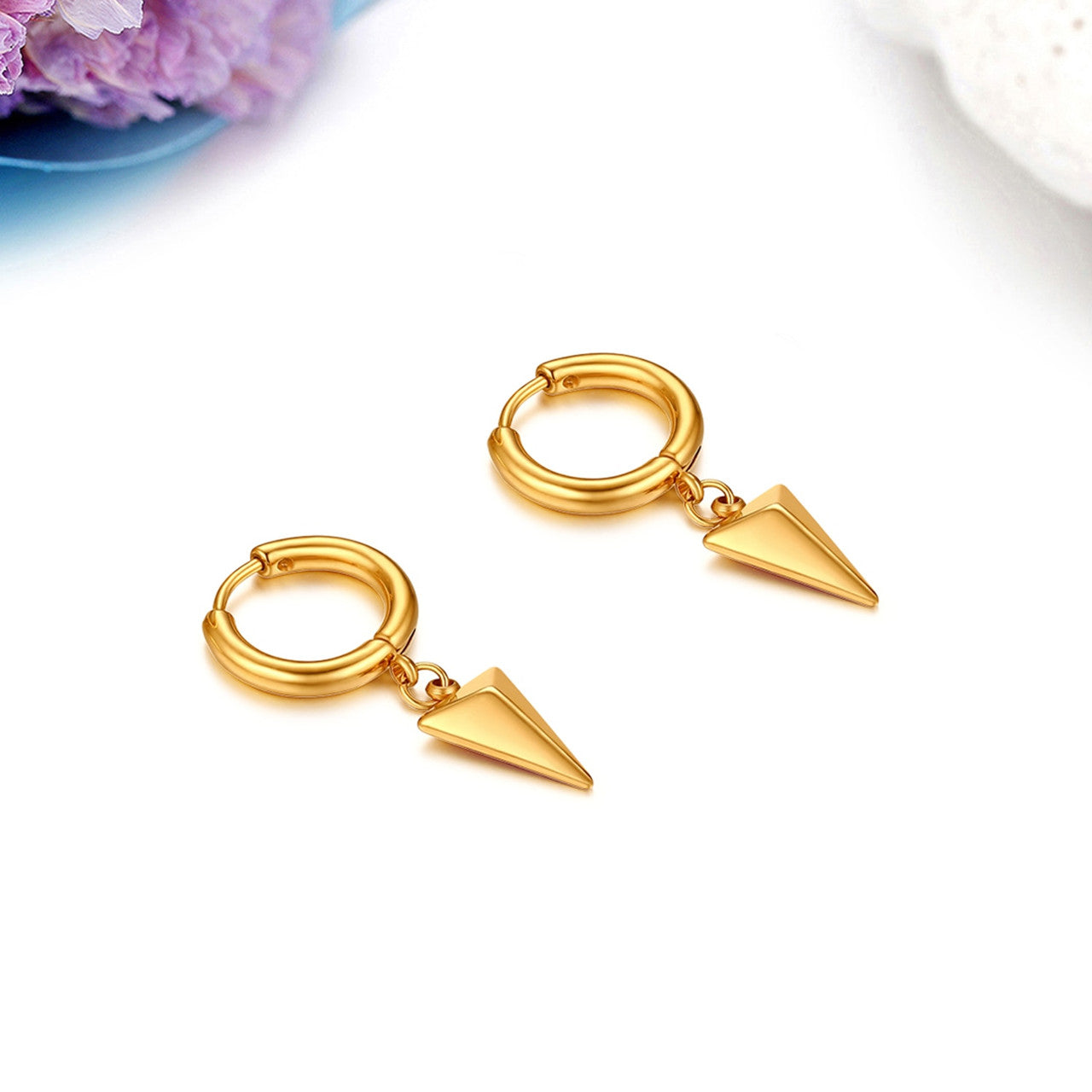 Triangle Pyramid Dangle Hoop No Tarnish No Fade Stainless Steel Gold Silver Black Earrings