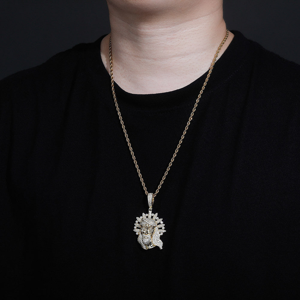Mens Gold Silver Rose Jesus Face Flooded Ice Hip Hop Pendant