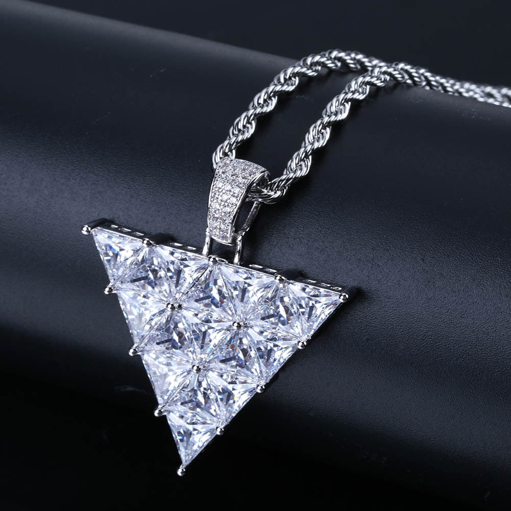 Flooded Ice Princess Cut Inverted Triangle All Iced Pendant Chain Necklace
