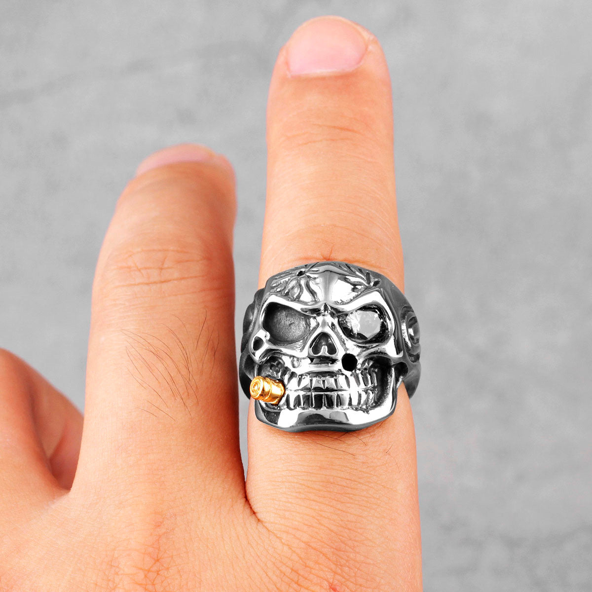 The General | 14k Gold over Stainless Steel Smoking Soldier Skull Biker Ring