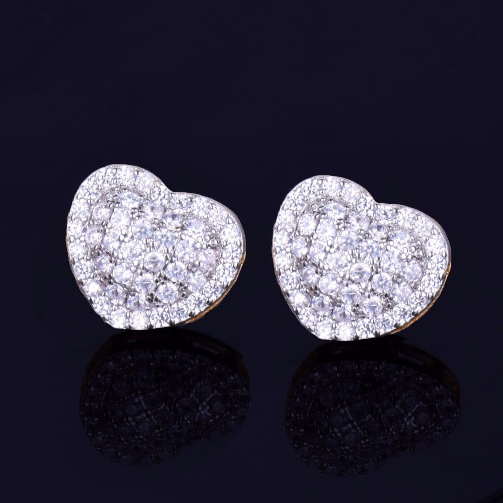 14MM Heart-Shaped AAA Micro Pave Stud 14k Gold Silver Simulate Diamond Bling Earrings