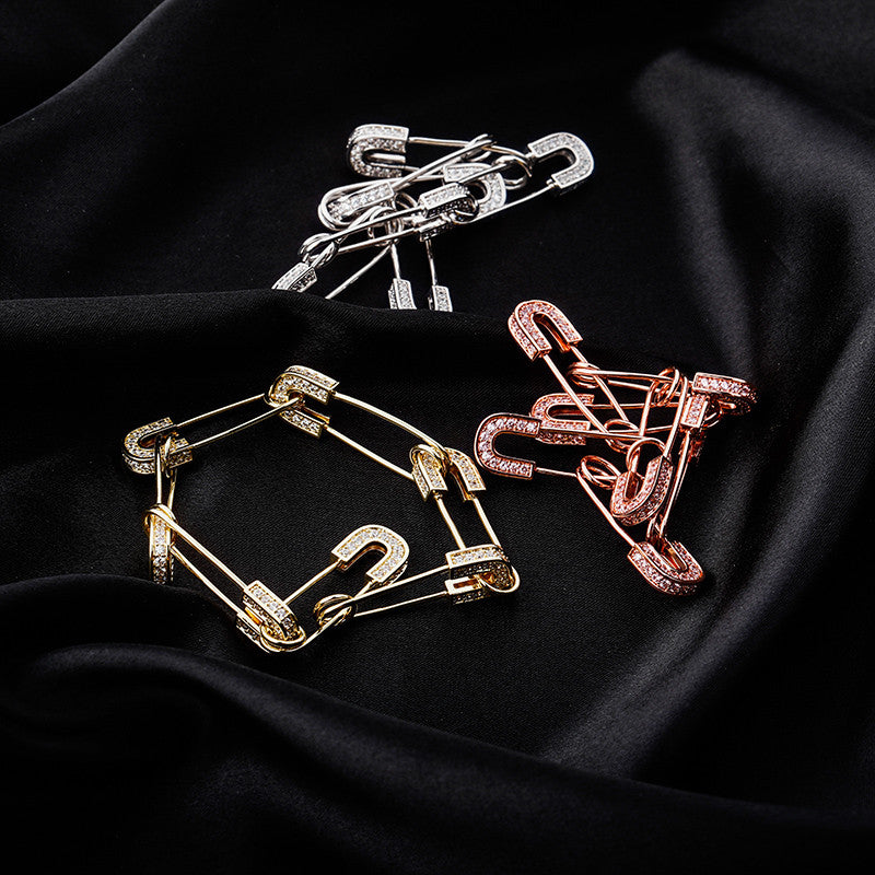 14k Gold .925 Silver Rose Gold AAA Micro Pave Safety Pin Hip Hop Bracelet