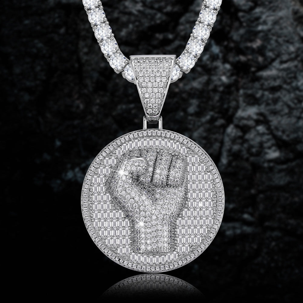 Mens Fully Iced Blinged Out 3D Power Fist Micro Pave Hip Hop Pendant
