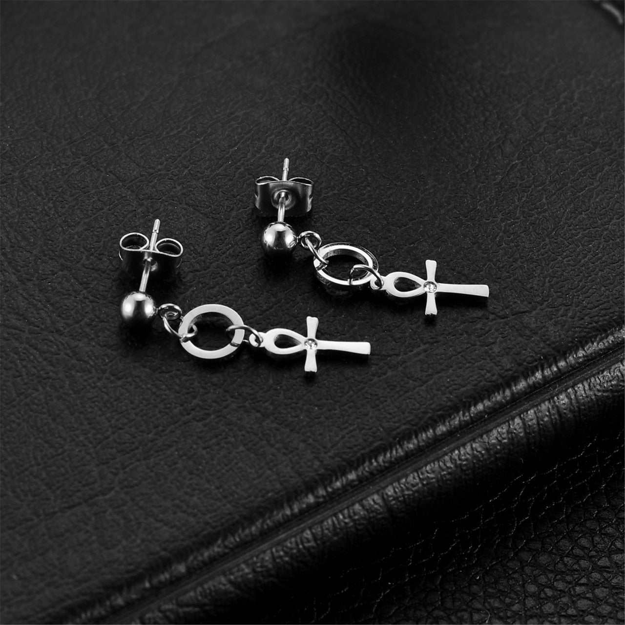 Dangle Ankh Cross Ancient African Black Silver 14k Gold over Stainless Steel Unisex Earrings