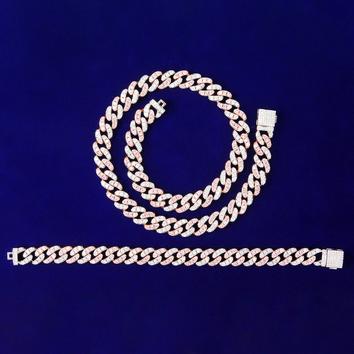 Ladies Bling Bling 10MM Miami Cuban Rose Gold Silver Bracelet Necklace Jewelry Sets Combo