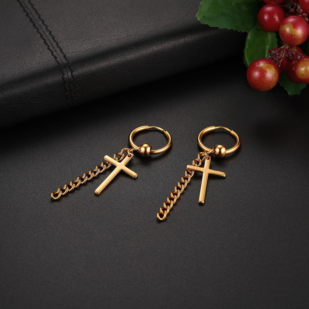 14k Gold Silver Black Stainless Steel Hoop Cross Earrings