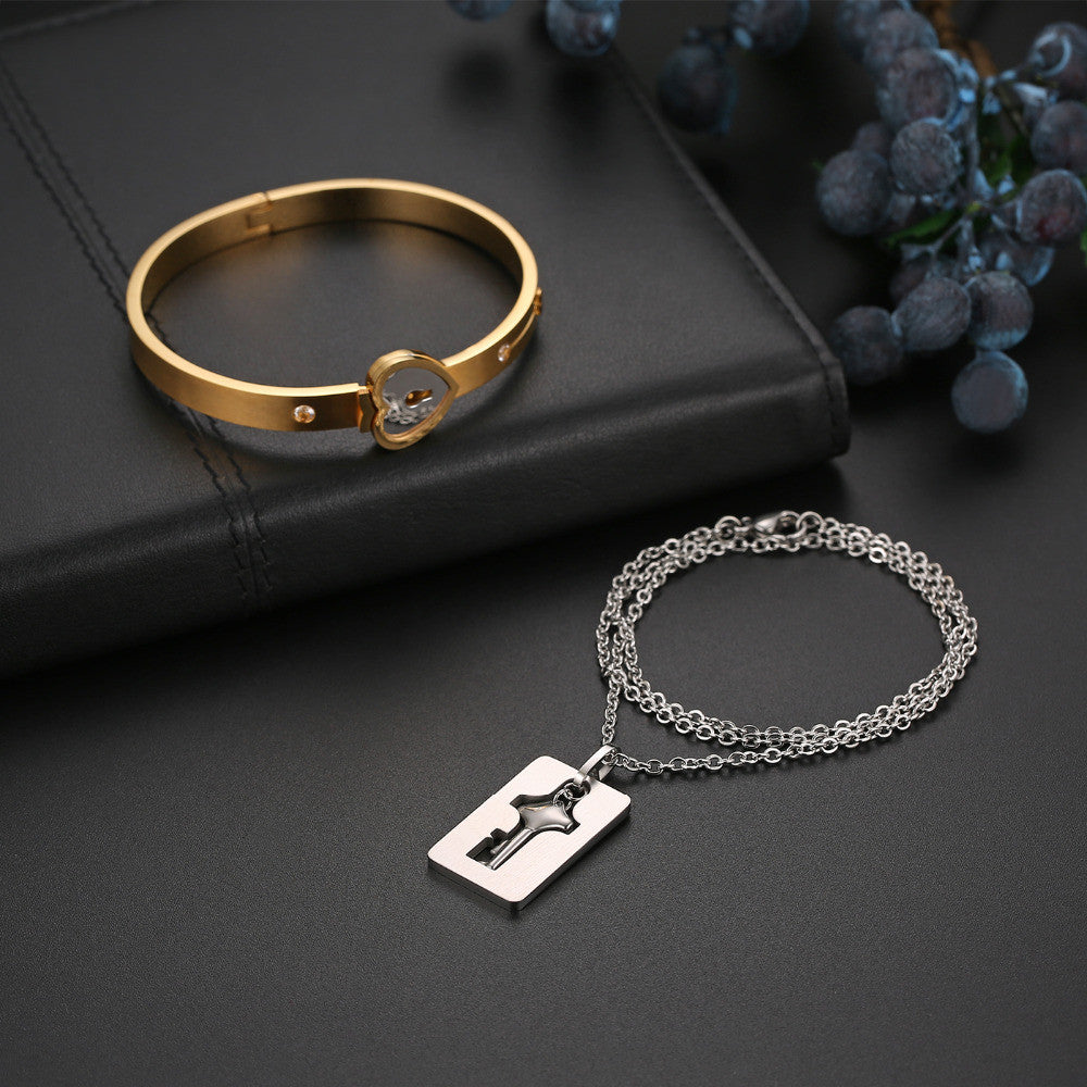 Forever Love Lovers Lock and Key Bracelet Necklace Chain Jewelry Set