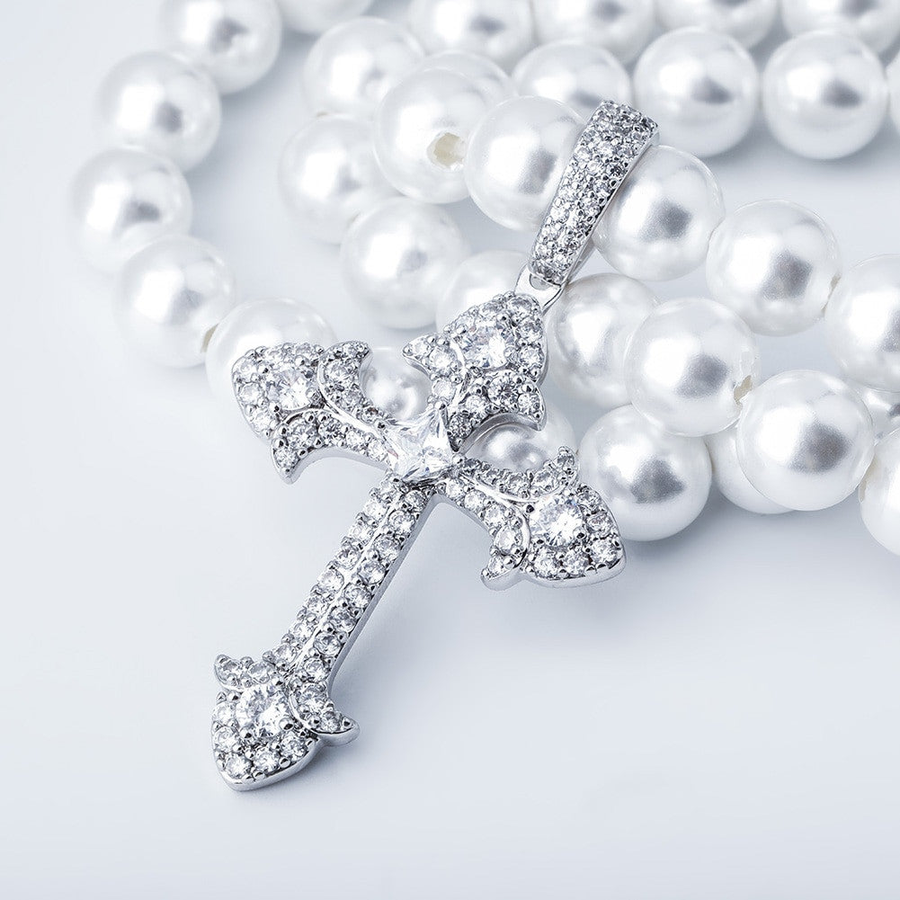 Ladies High Fashion Vintage Look White Pearl Necklace Flooded Ice Butterfly Pendant Charm