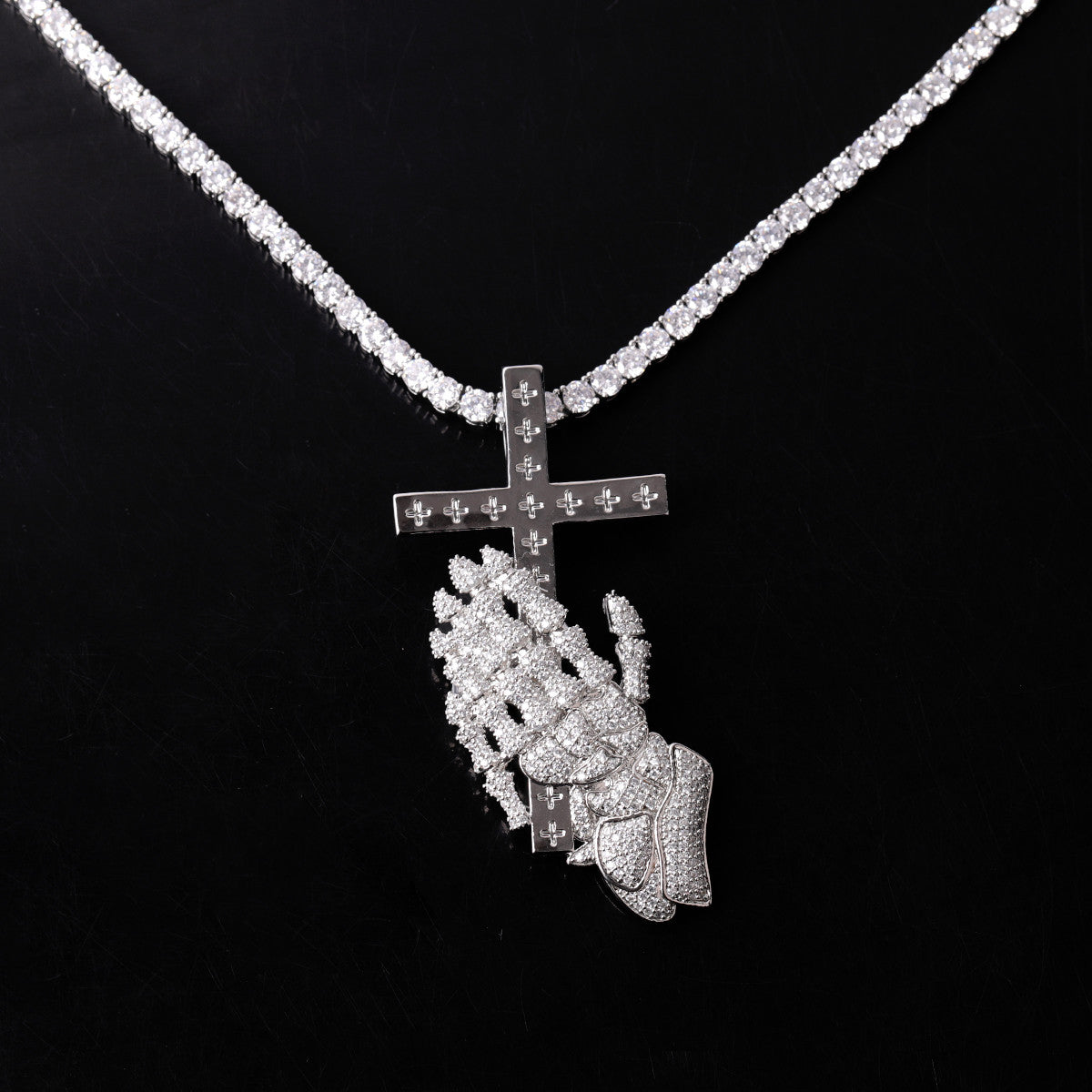 The Faithful | VVS Diamnd CZ Prayer Hands Holding Cross Iced Blinged Out Pendant