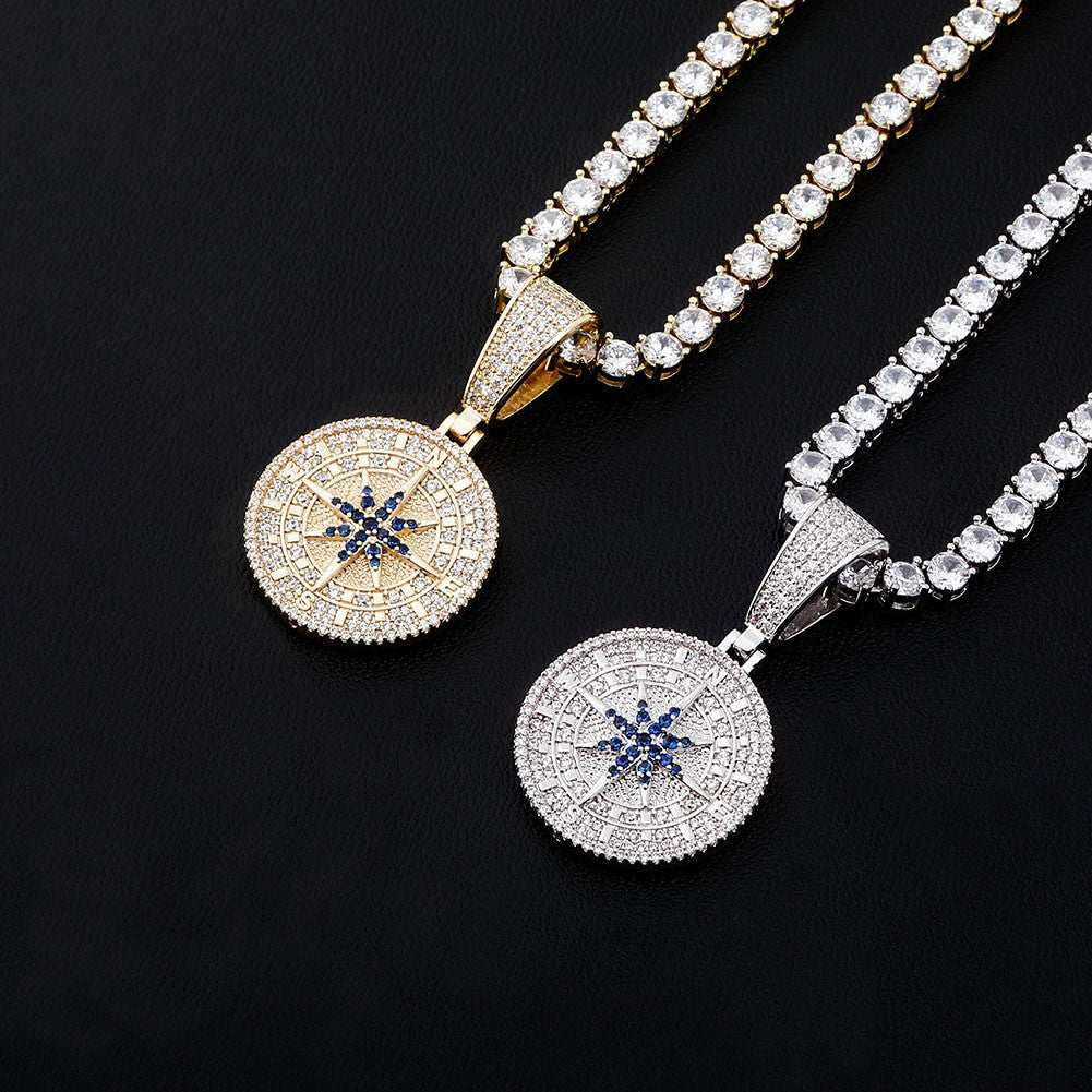 Hip Hop True Micro Pave Flooded Ice Compass Pendant Chain Necklace