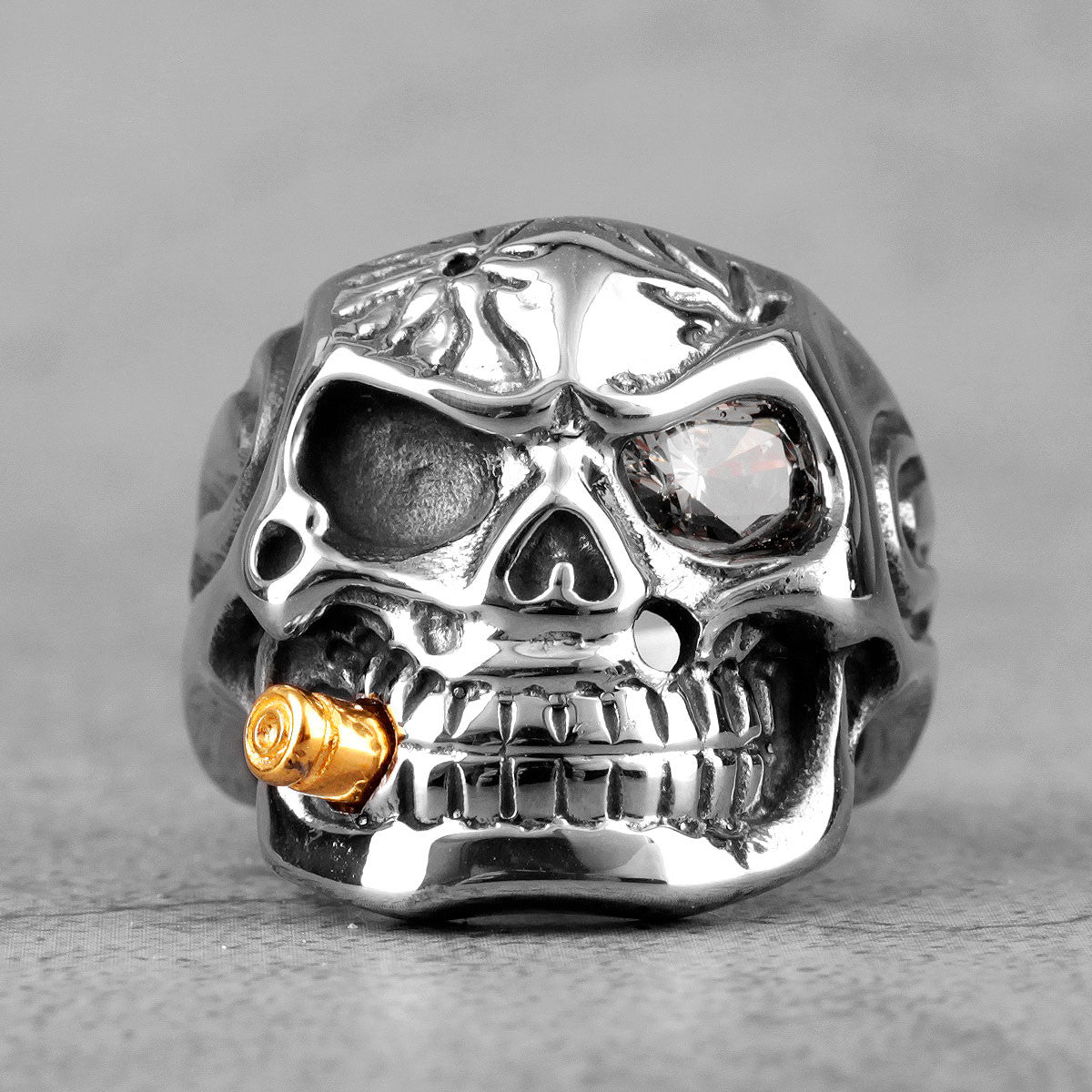 The General | 14k Gold over Stainless Steel Smoking Soldier Skull Biker Ring