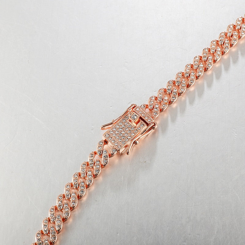 Hip Hop AAA Bling 8MM Prong Set Miami Cuban Link 14k Rose Gold Silver Bling Chain Necklace