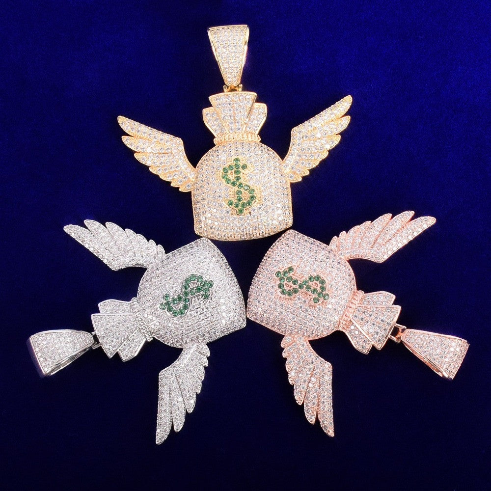 Money Flying To Me Dollar Sign Wings Money Bag Gold Silver Rose Gold Hip Hop Pendant