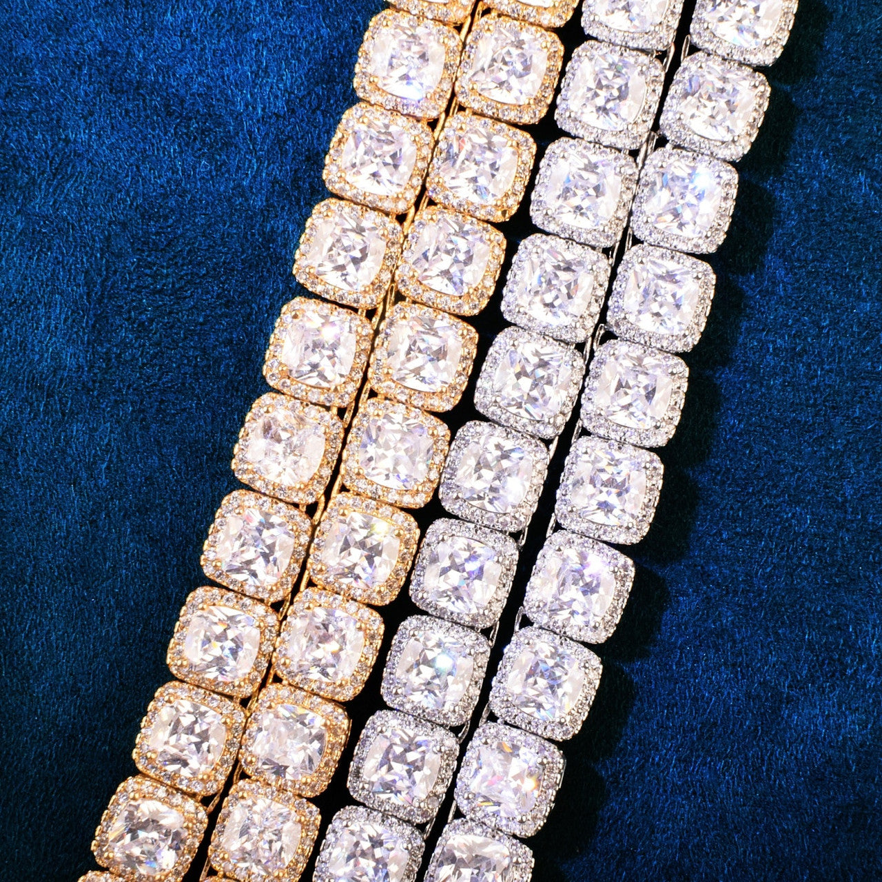 18k Gold Silver Rose Mens 10mm Square Clustered Caged Back Hip Hop Flooded Ice Chain