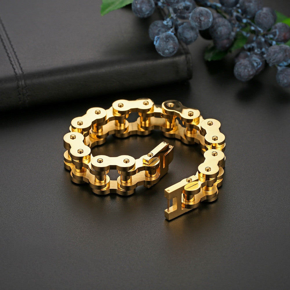 Mens 18mm 14k Gold Black Silver Heavy Wide Stainless Steel Biker Bicycle Motorcycle Chain Bracelet