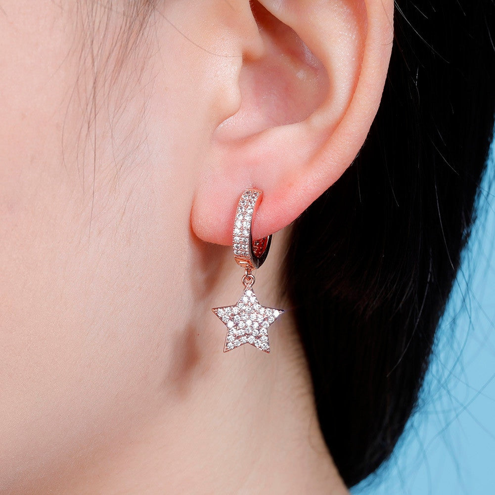 Retro Huggie Star | Hip Hop 5 Point Huggie 18k Gold Rose Gold 925 Silver Bling Earrings