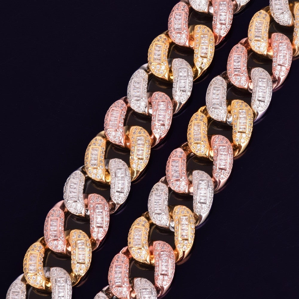 24k Gold .925 Silver Rose Gold Tri-Color Baguette Miami Cuban Link 22mm Floded Ice Chain Necklace