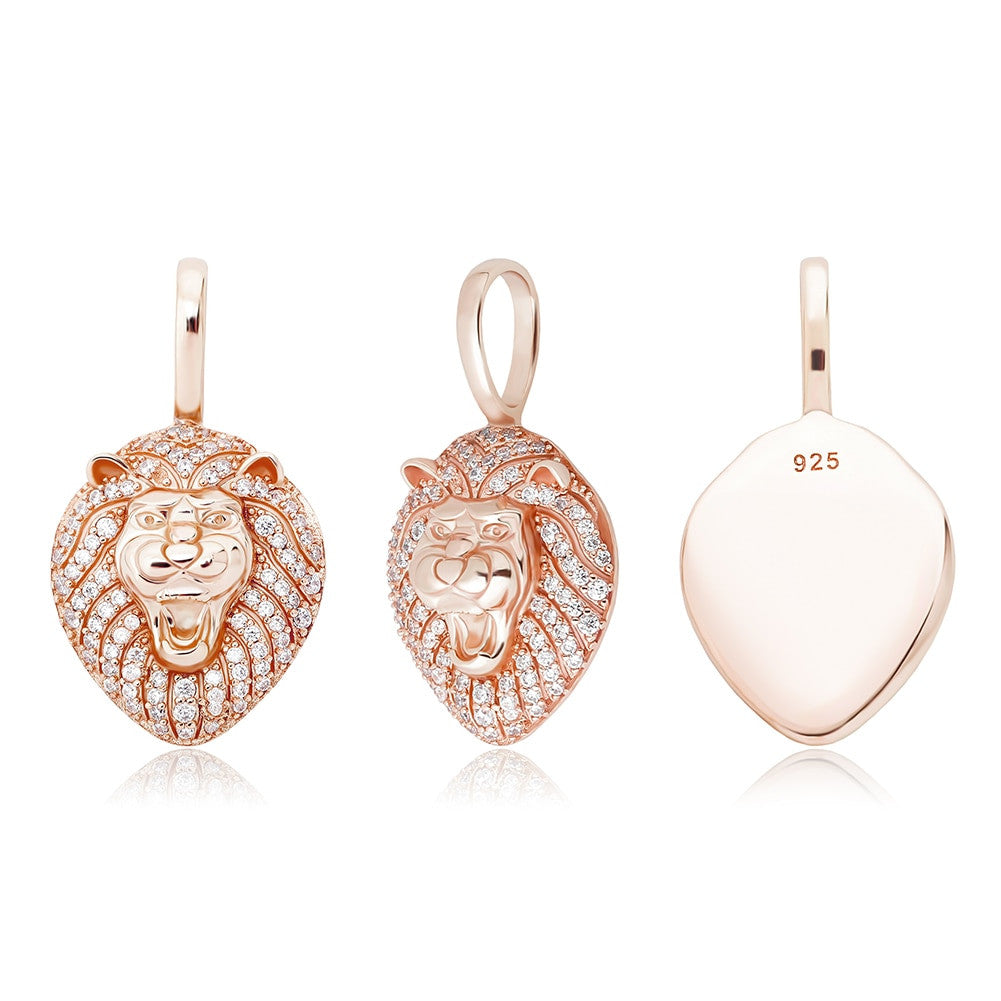 Rose Gold 14k Gold Solid .925 Sterling Silver Iced Lion Head Pendant Chain Necklaces